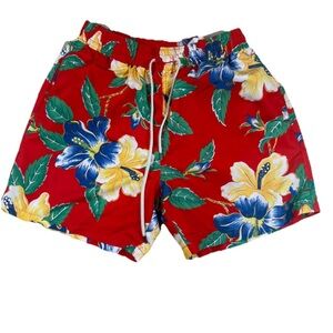 Polo Ralph Lauren Men's Size Medium Aloha Floral Print Swim Shorts Swimsuit Red